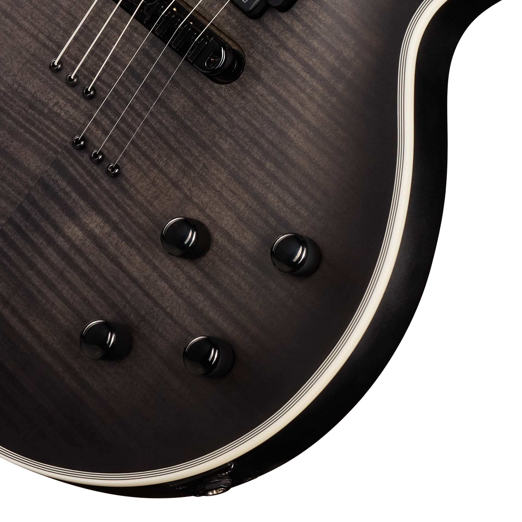 E-Gitarre, dunkelgrau, Holzmaserung, vier Regler, cremefarbene Einfassung